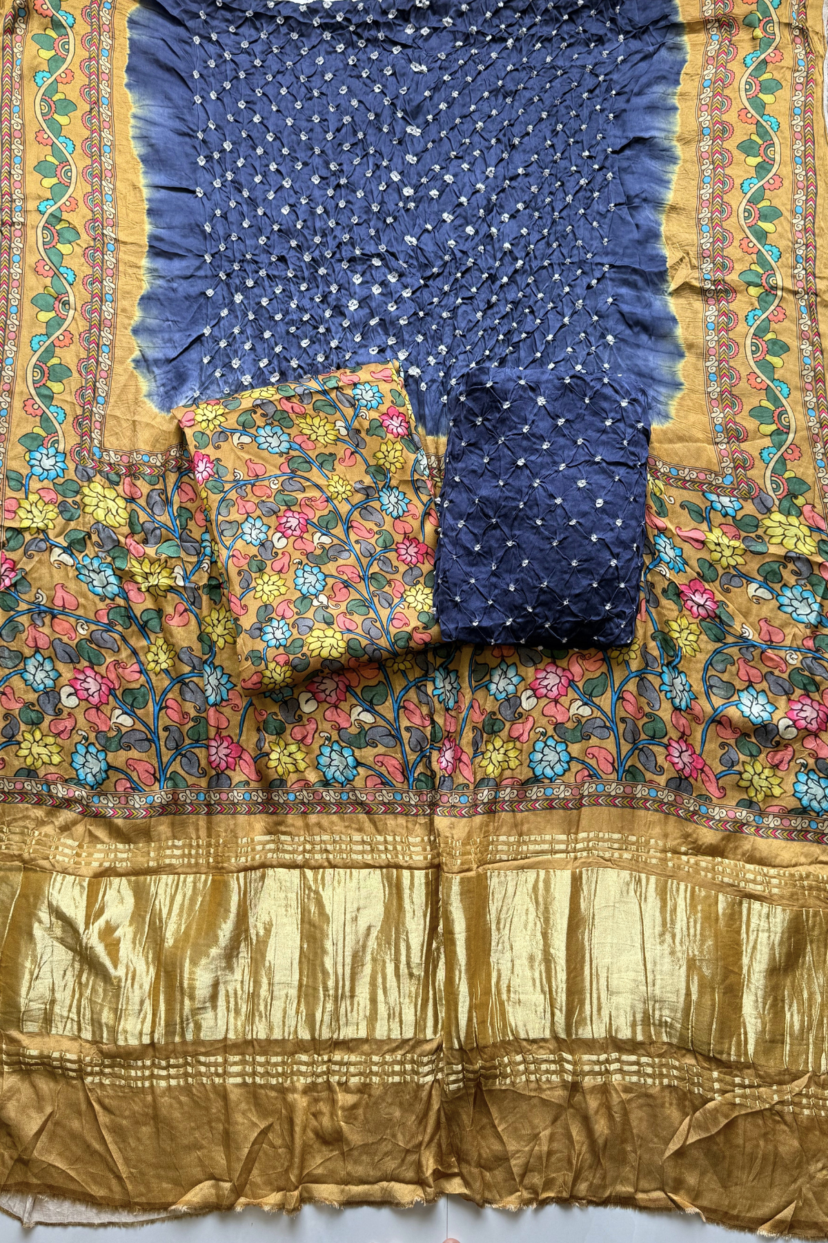 Bandhej With Kalamkari Print - 3 pc Unstiched Suit Set - Gray & Musttard Yellow