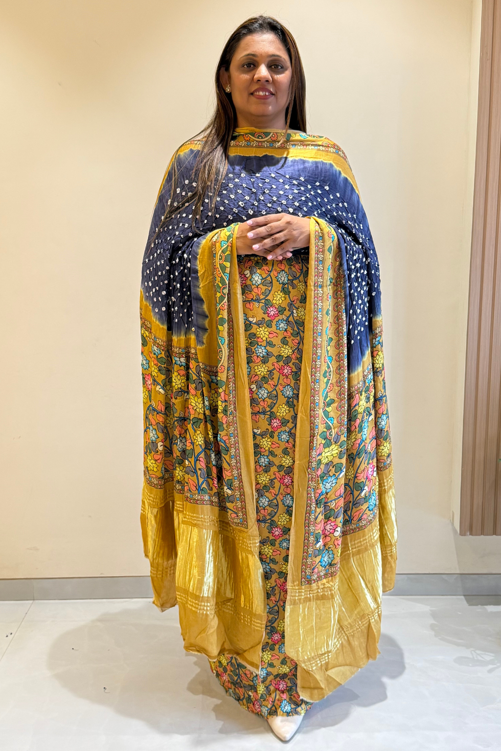 Bandhej With Kalamkari Print - 3 pc Unstiched Suit Set - Gray & Musttard Yellow