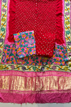 Bandhej With Kalamkari Print - 3 pc Unstiched Suit Set - Red & Neon Pink