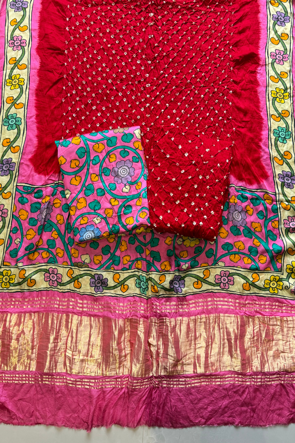 Bandhej With Kalamkari Print - 3 pc Unstiched Suit Set - Red & Neon Pink
