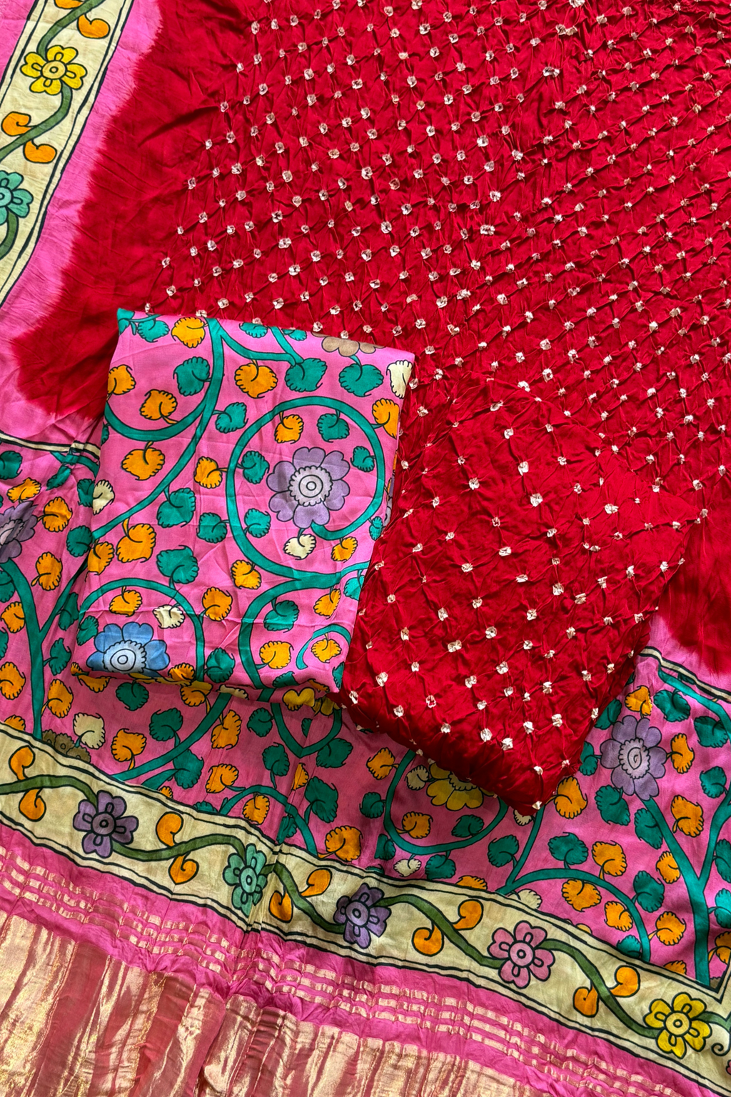 Bandhej With Kalamkari Print - 3 pc Unstiched Suit Set - Red & Neon Pink