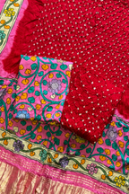 Bandhej With Kalamkari Print - 3 pc Unstiched Suit Set - Red & Neon Pink