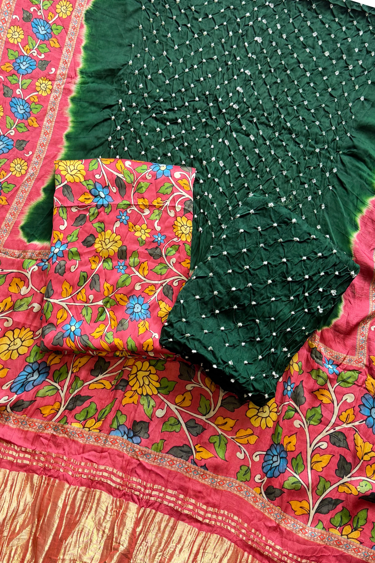 Bandhej With Kalamkari Print - 3 pc Unstiched Suit Set - Green & Pinkish Red