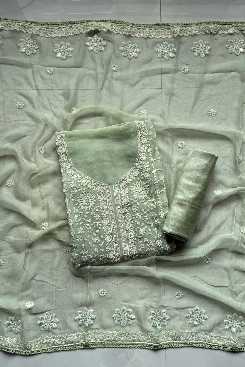 Pure Mul Chanderi Lucknowi 2-Piece Suit Set – Pista color