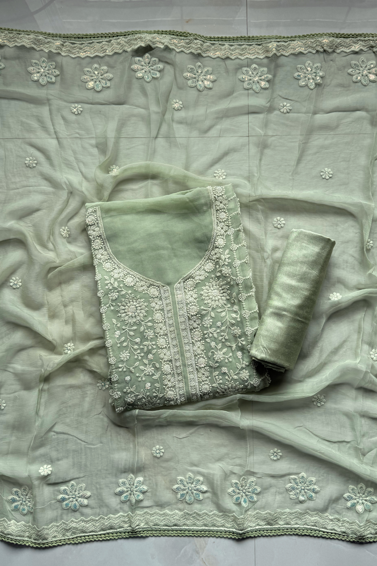 Pure Mul Chanderi Lucknowi 2-Piece Suit Set – Pista color