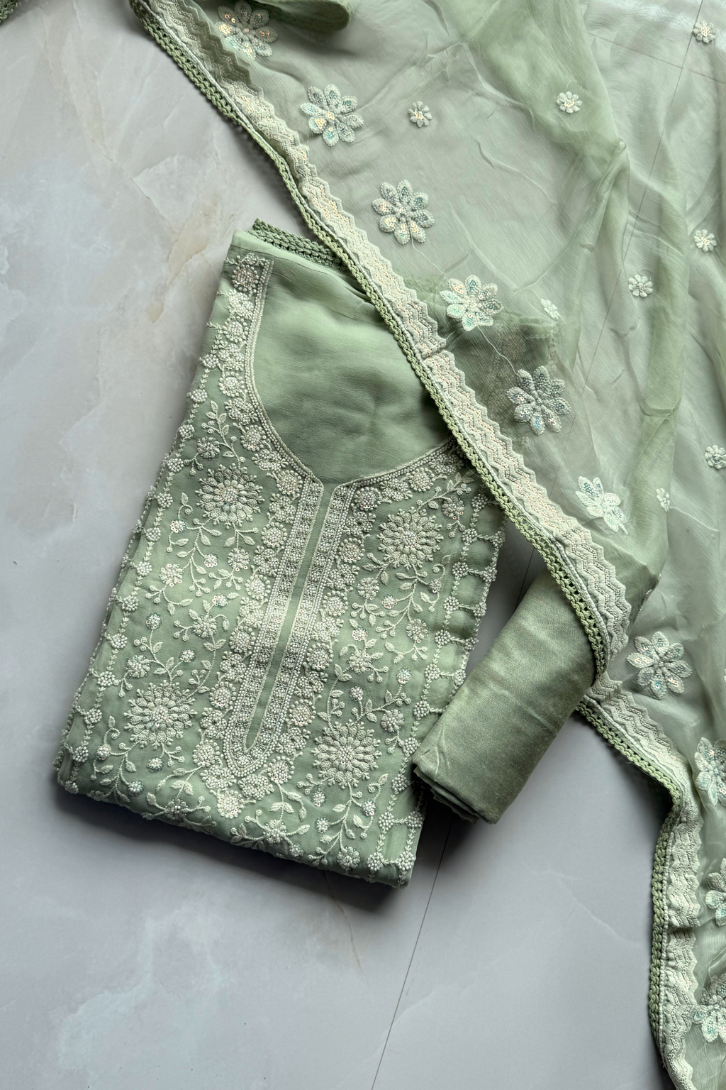 Pure Mul Chanderi Lucknowi 2-Piece Suit Set – Pista color