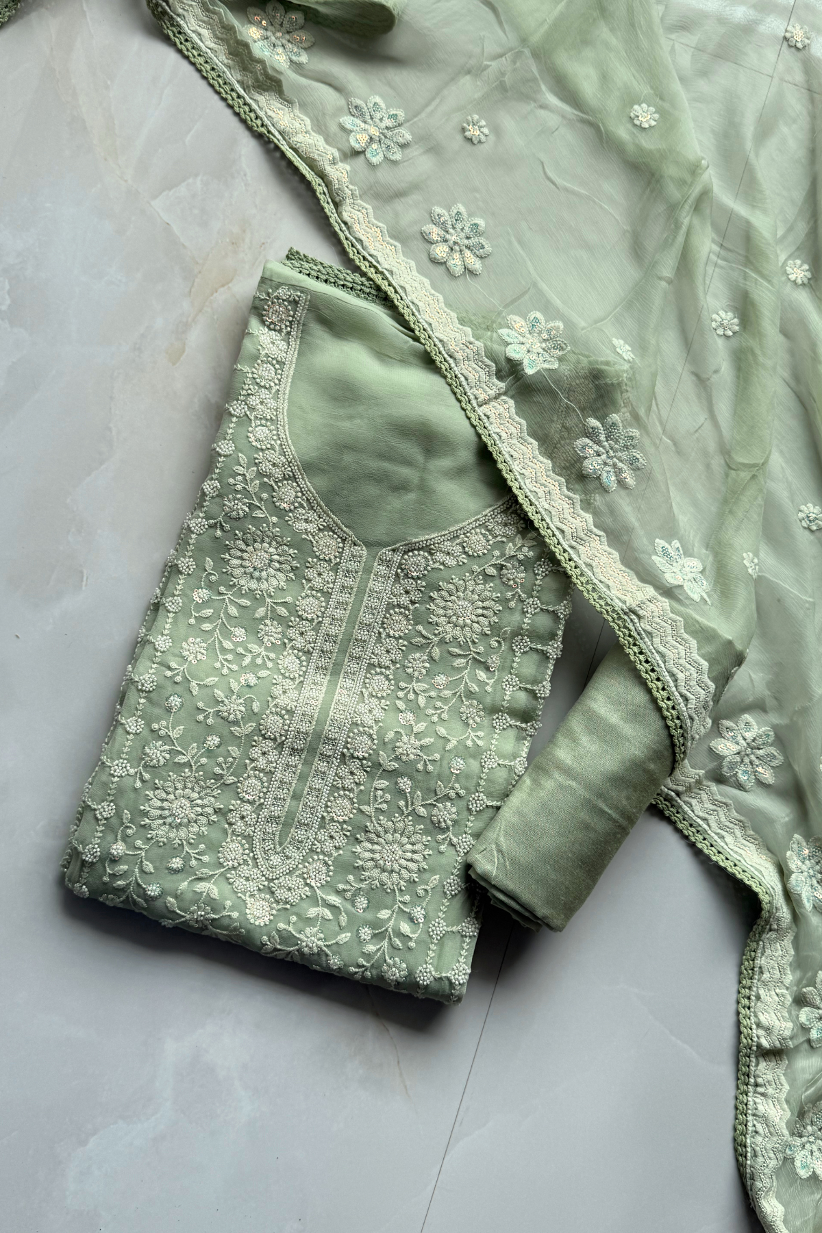 Pure Mul Chanderi Lucknowi 2-Piece Suit Set – Pista color