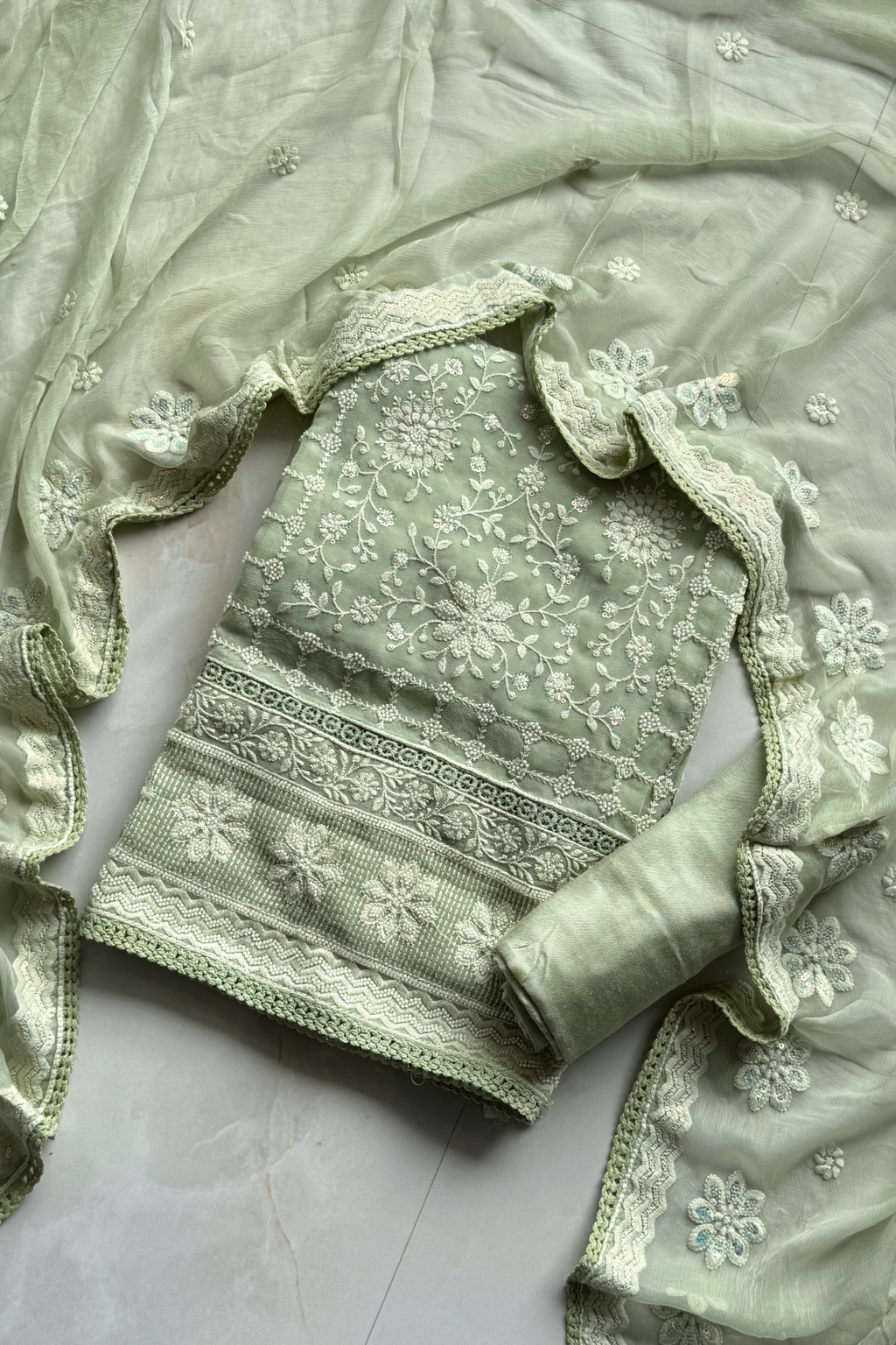 Pure Mul Chanderi Lucknowi 2-Piece Suit Set – Pista color