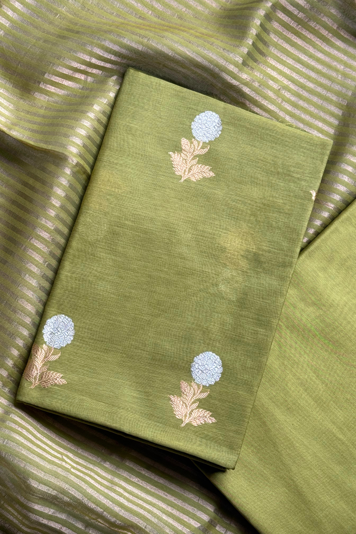 Pure Mul Chanderi With Kadwa Weaving - Olive Green