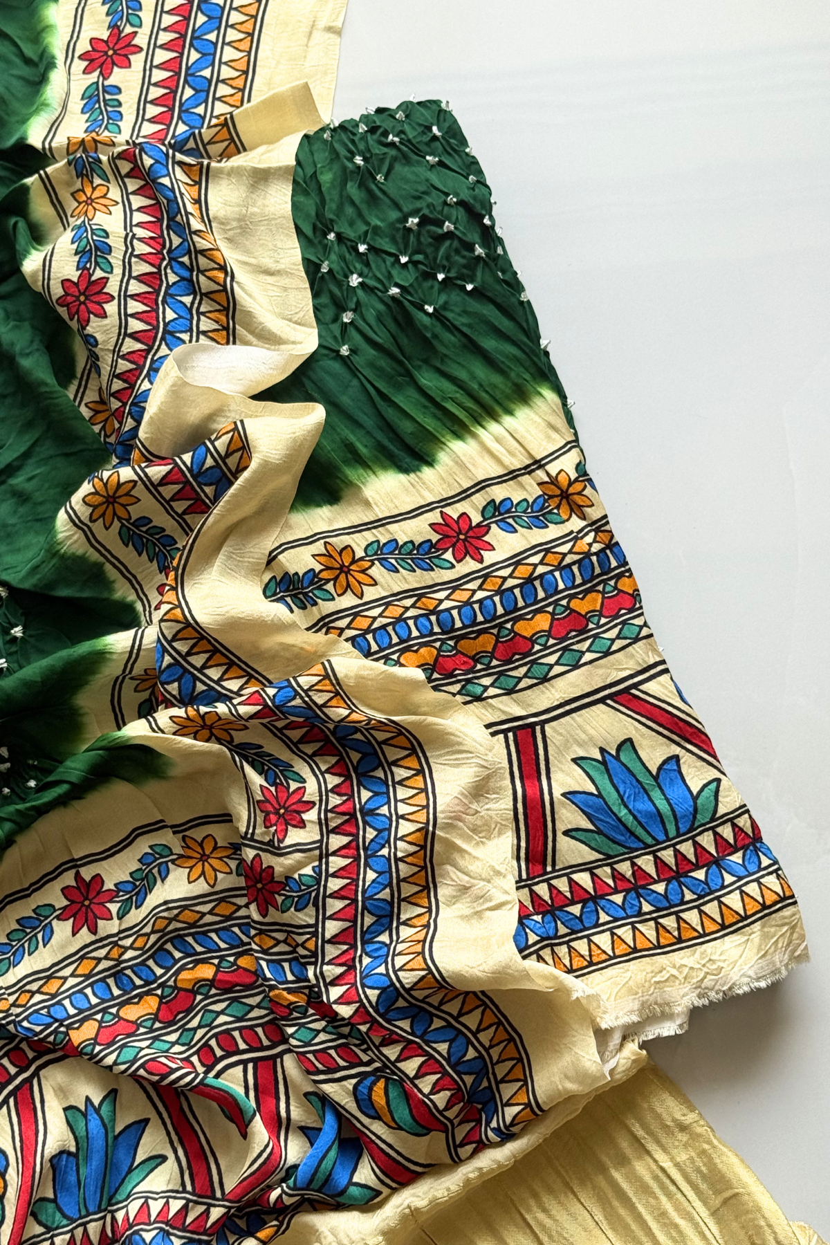 Bandhej With Madhubani Print - 3 pc Unstiched Suit Set - Green