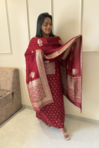 Upada Silk Suit with Banarasi Weaving & Gota Patti - 3 peice set - (Red Maroon)