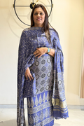 Pure Modal Satin 3-Piece Suit Set in Natural Ajrak Dye - Light Blue