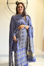 Pure Modal Satin 3-Piece Suit Set in Natural Ajrak Dye - Light Blue