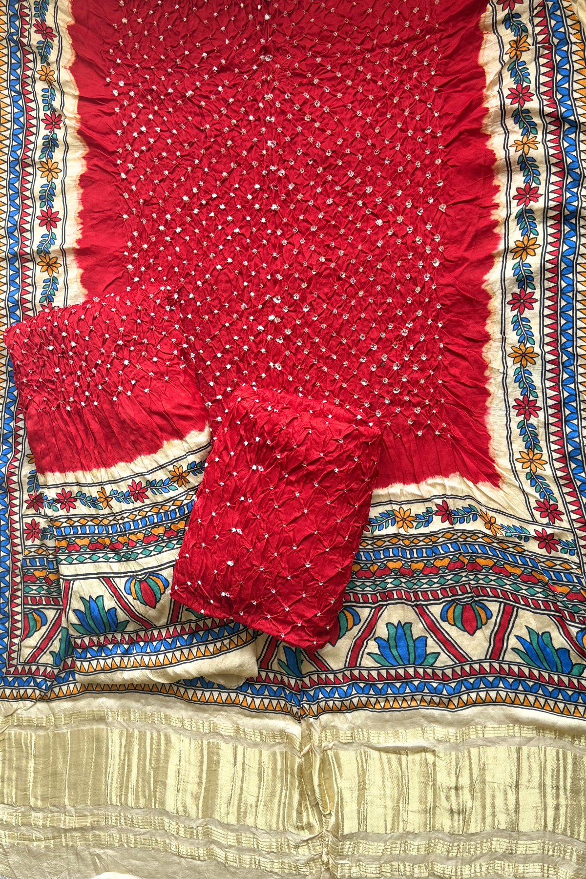 Bandhej With Madhubani Print - 3 pc Unstiched Suit Set - Red