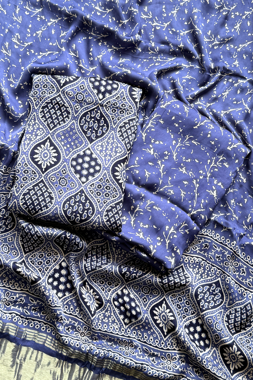Pure Modal Satin 3-Piece Suit Set in Natural Ajrak Dye - Light Blue
