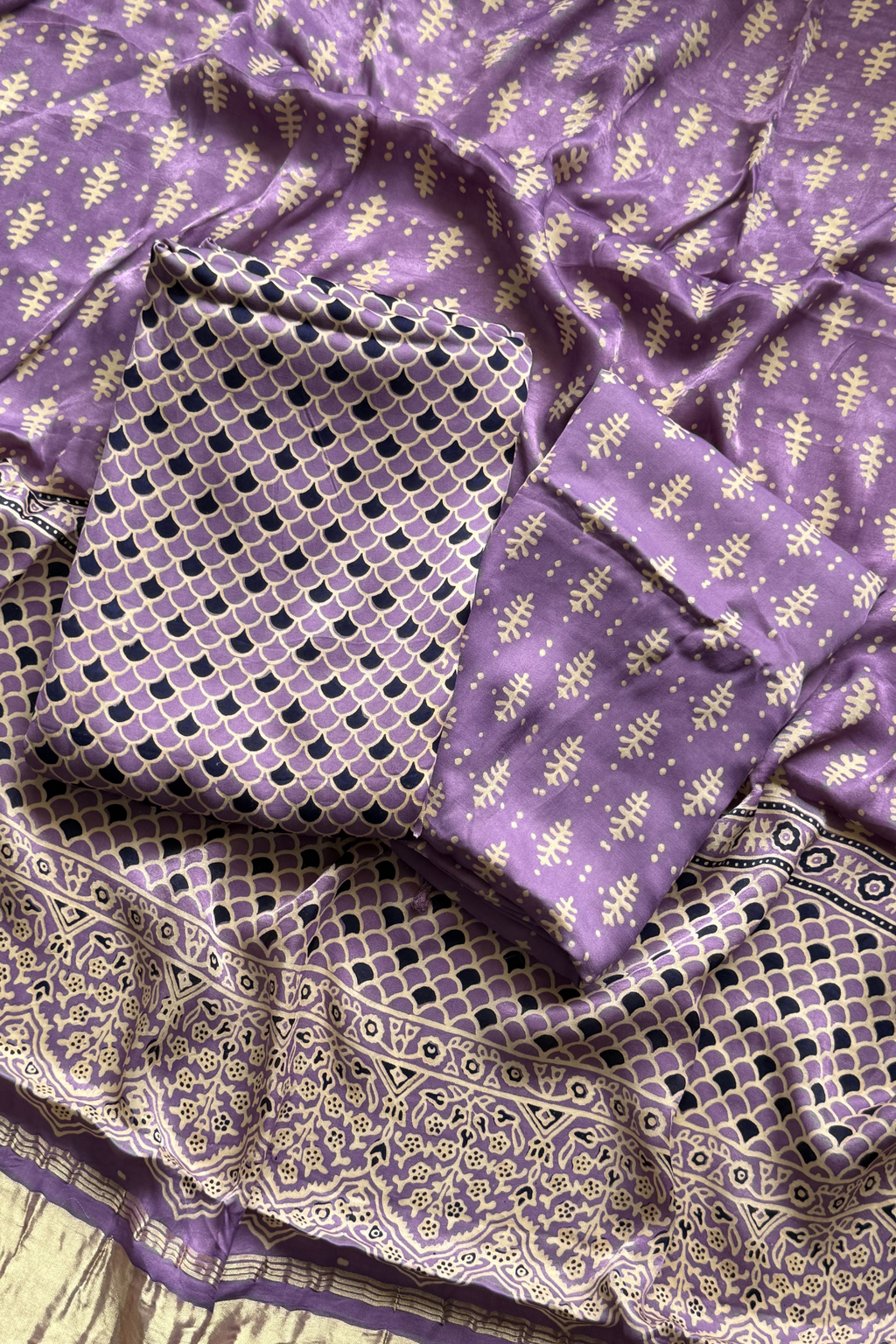 Pure Modal Satin 3-Piece Suit Set in Natural Ajrak Dye - Light Purple