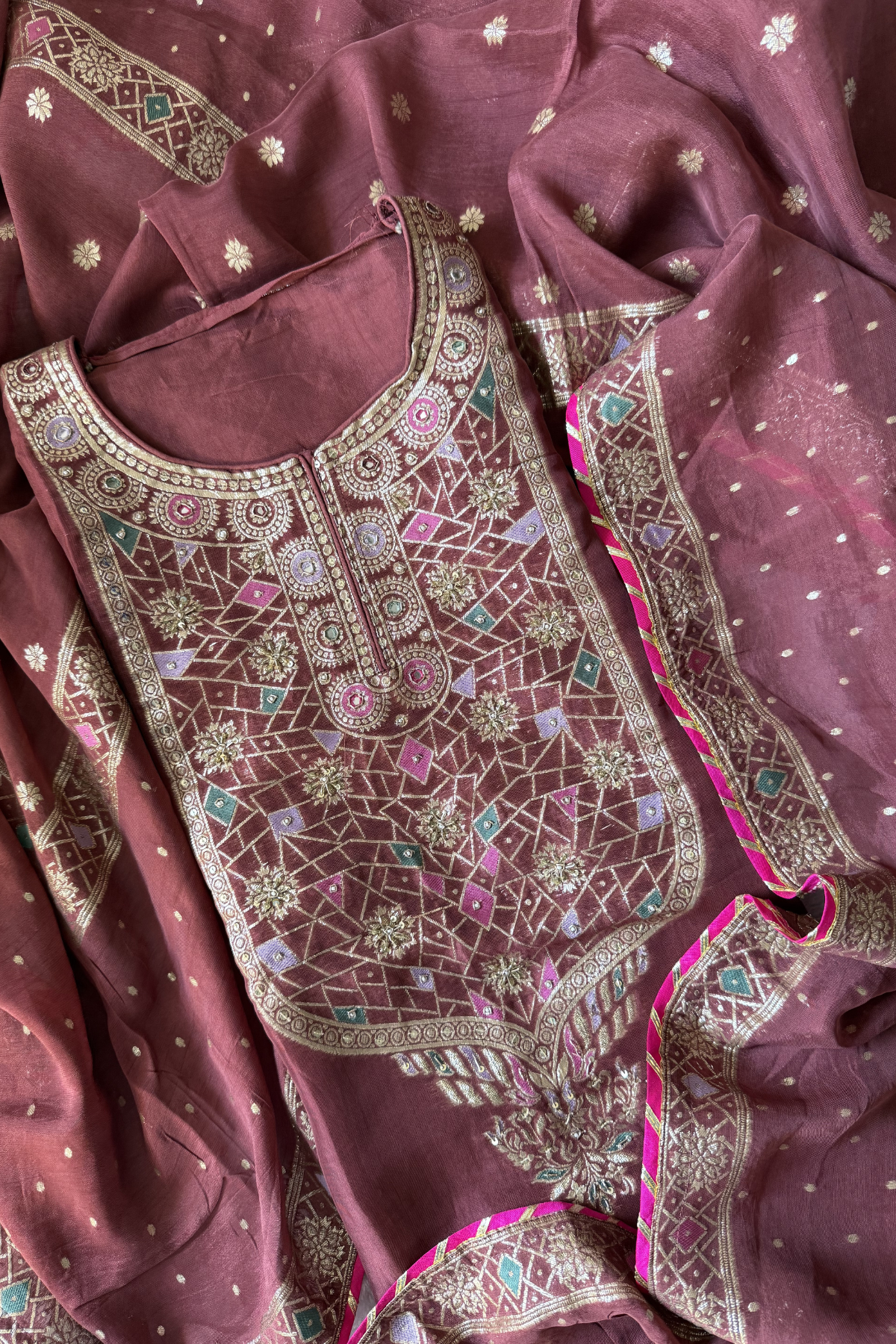 Organza silk with Banarasi meenakari weaving-3 Piece set-Wine