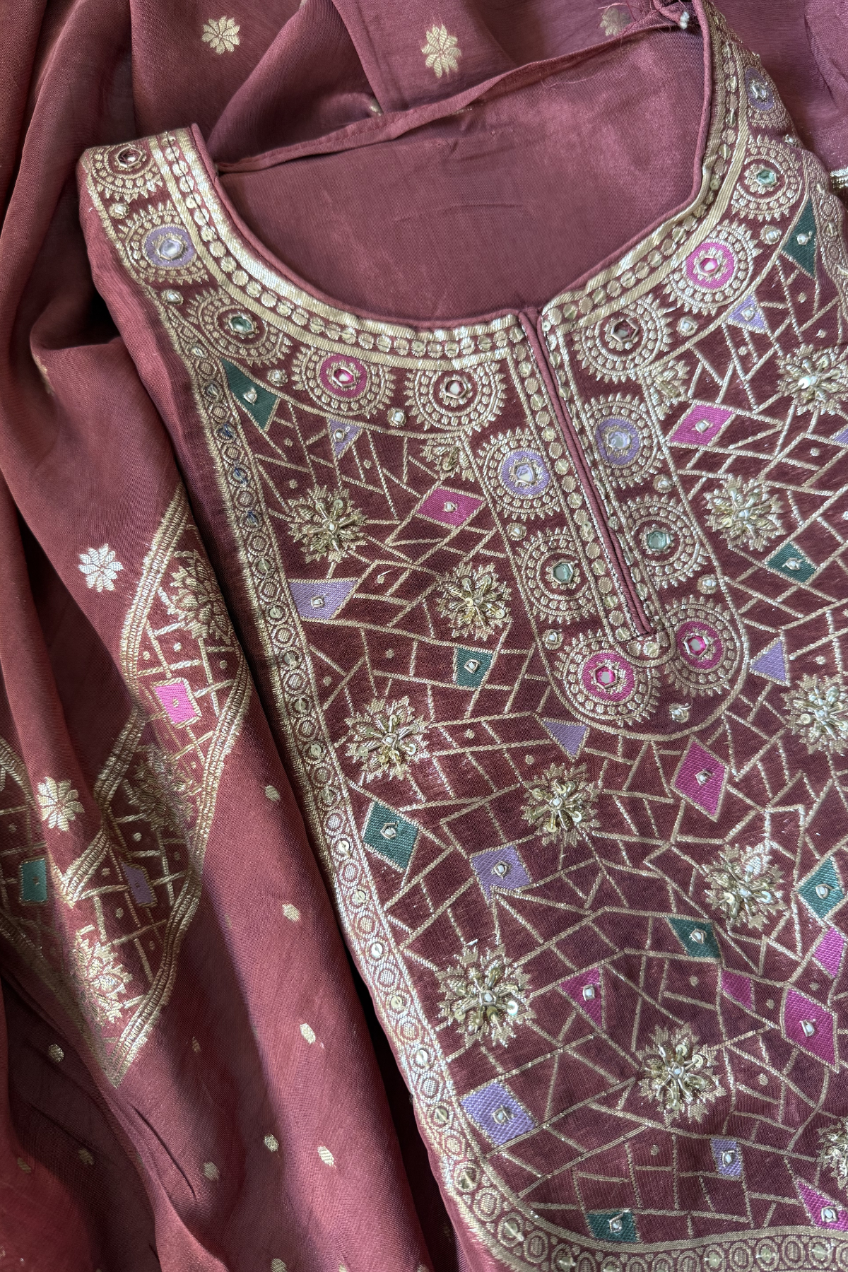 Organza silk with Banarasi meenakari weaving-3 Piece set-Wine