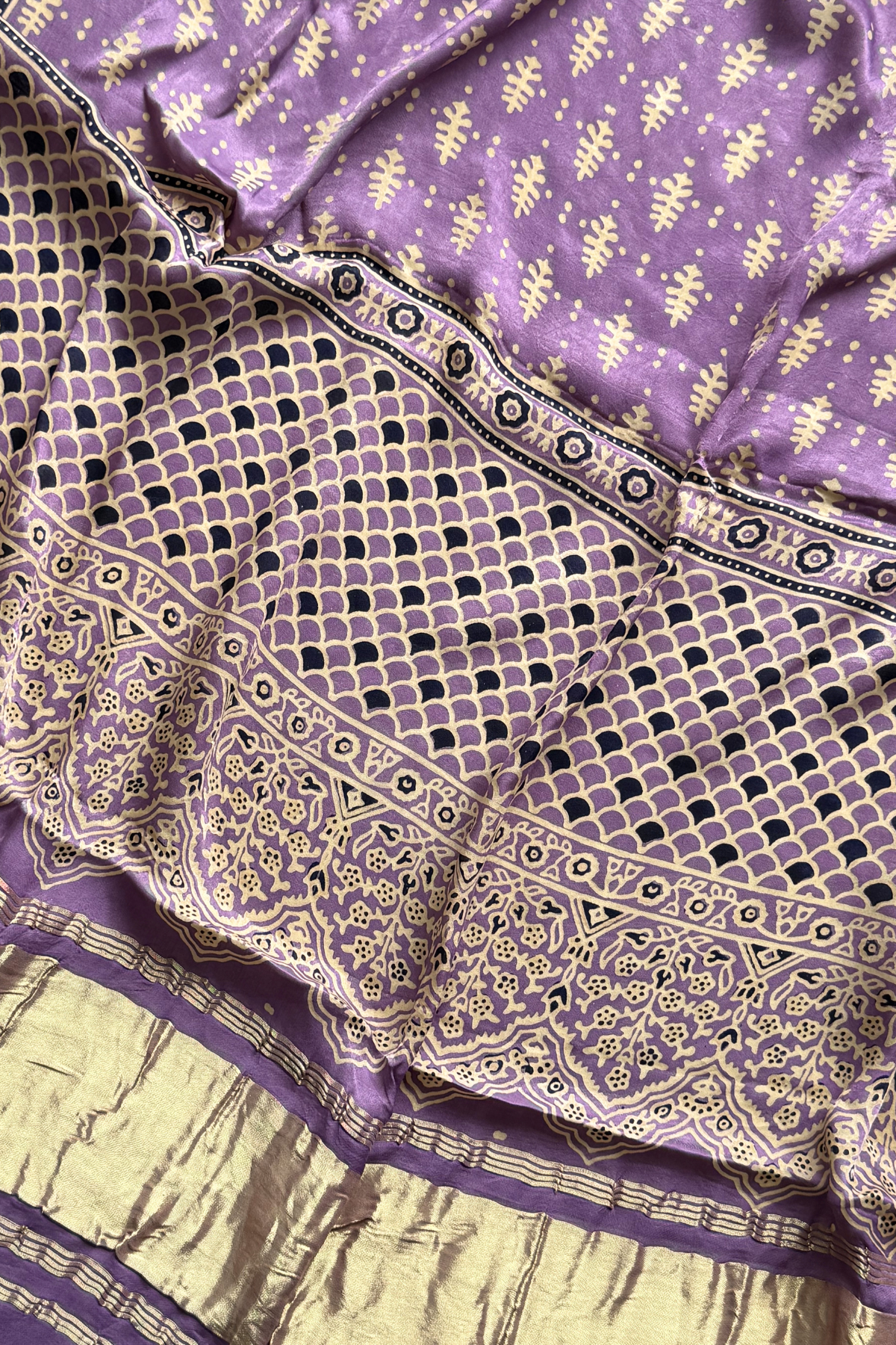 Pure Modal Satin 3-Piece Suit Set in Natural Ajrak Dye - Light Purple
