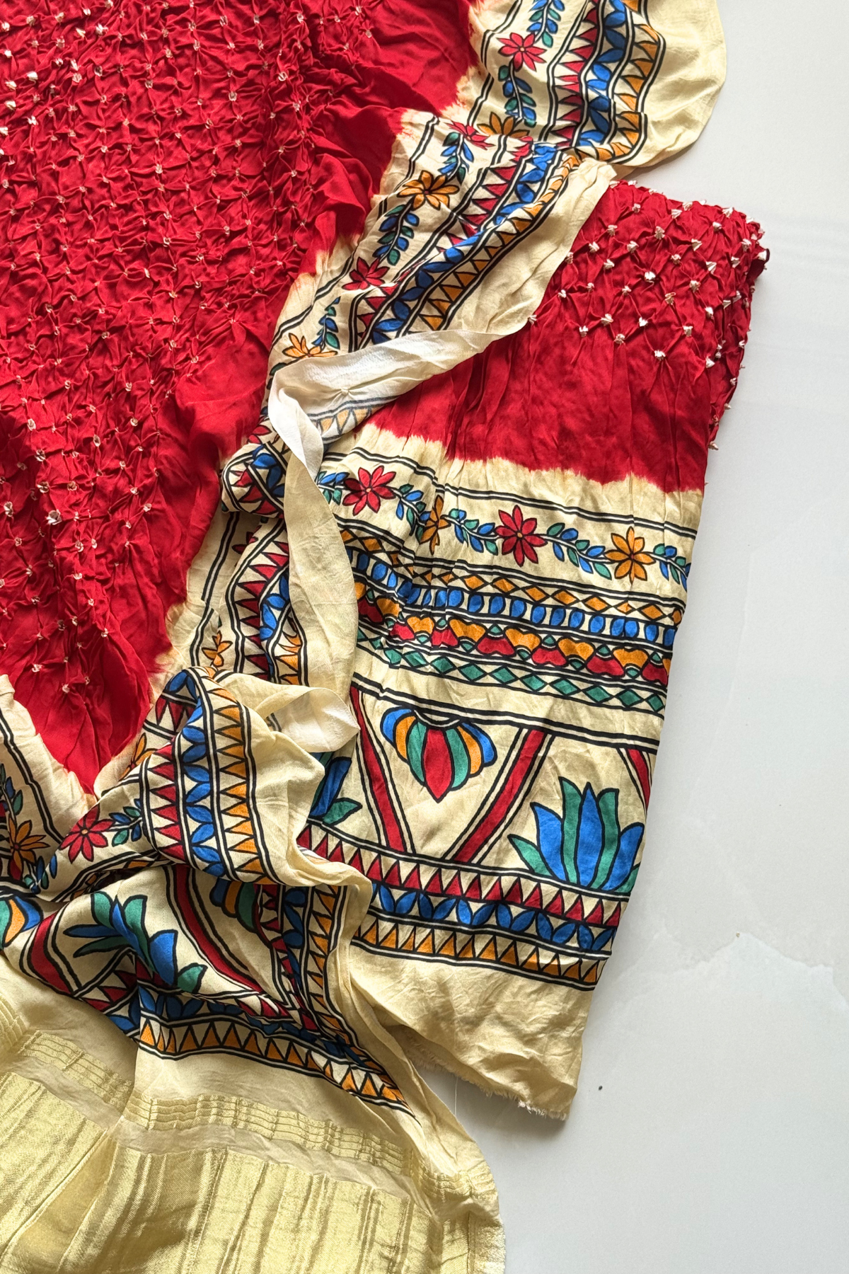 Bandhej With Madhubani Print - 3 pc Unstiched Suit Set - Red