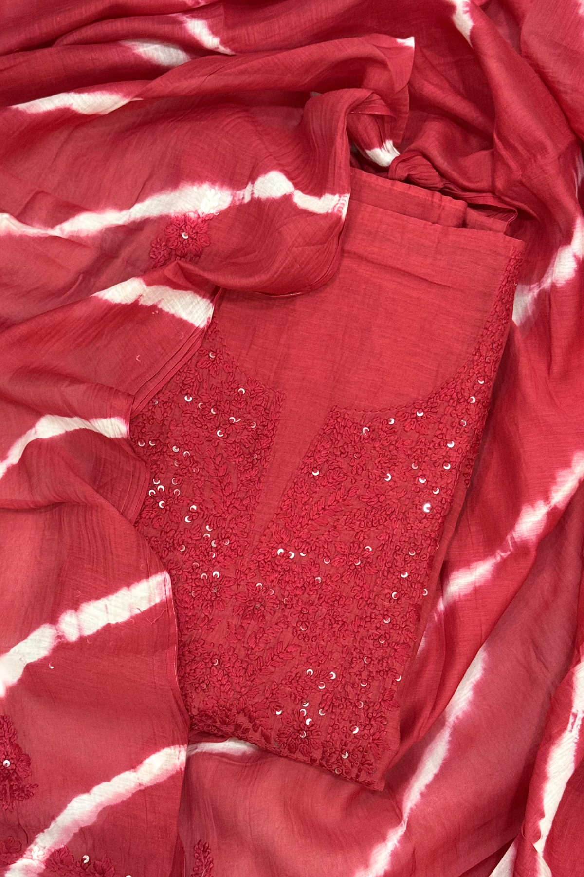 Lucknawi Pure Mul Chanderi 3-Piece Unstitched Kurta Set With Leheriya Dupatta – Red