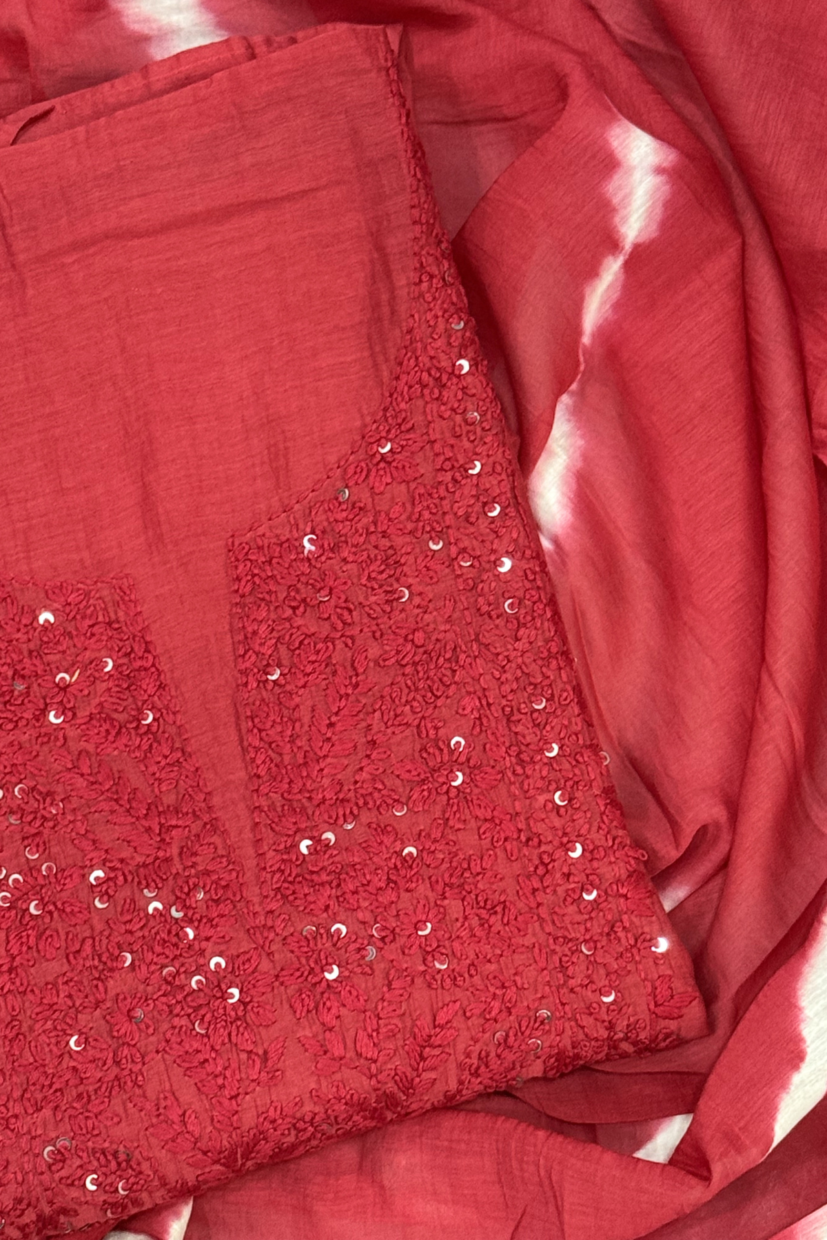 Lucknawi Pure Mul Chanderi 3-Piece Unstitched Kurta Set With Leheriya Dupatta – Red