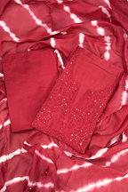 Lucknawi Pure Mul Chanderi 3-Piece Unstitched Kurta Set With Leheriya Dupatta – Red