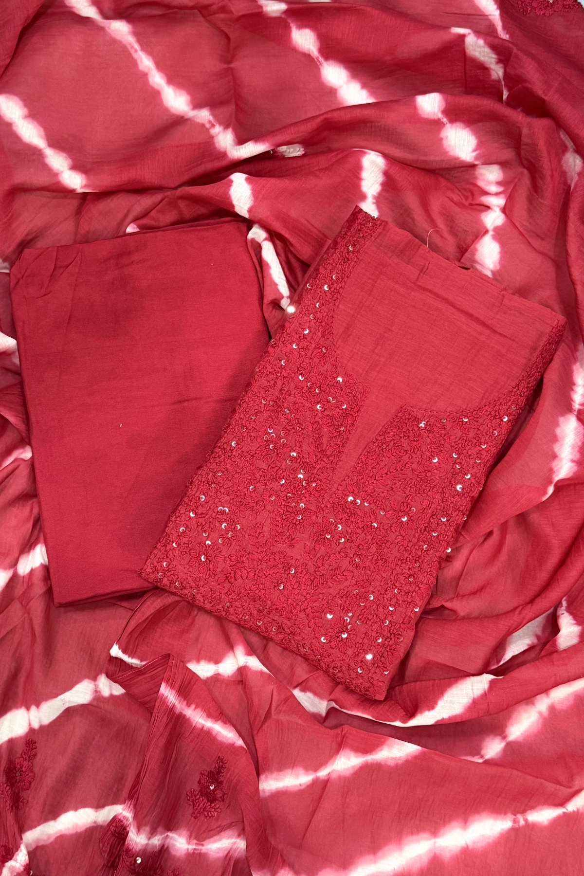 Lucknawi Pure Mul Chanderi 3-Piece Unstitched Kurta Set With Leheriya Dupatta – Red