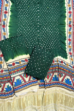 Bandhej With Madhubani Print - 3 pc Unstiched Suit Set - Green