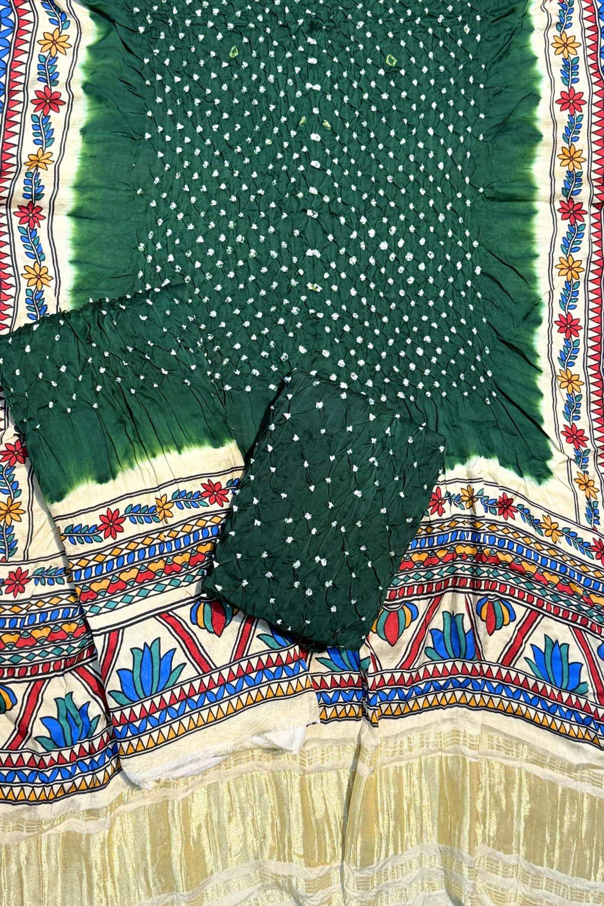 Bandhej With Madhubani Print - 3 pc Unstiched Suit Set - Green