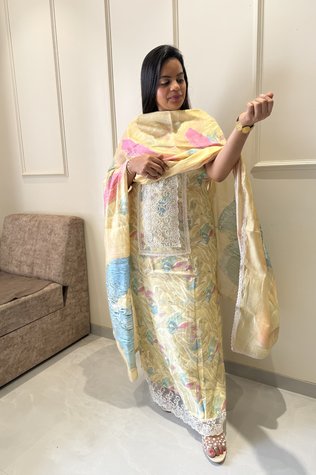 Digital Printed Kurta Set-Light Yellow