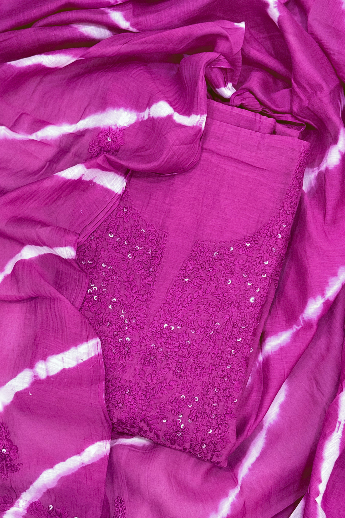 Lucknawi Pure Mul Chanderi 3-Piece Unstitched Kurta Set With Leheriya Dupatta – Pink