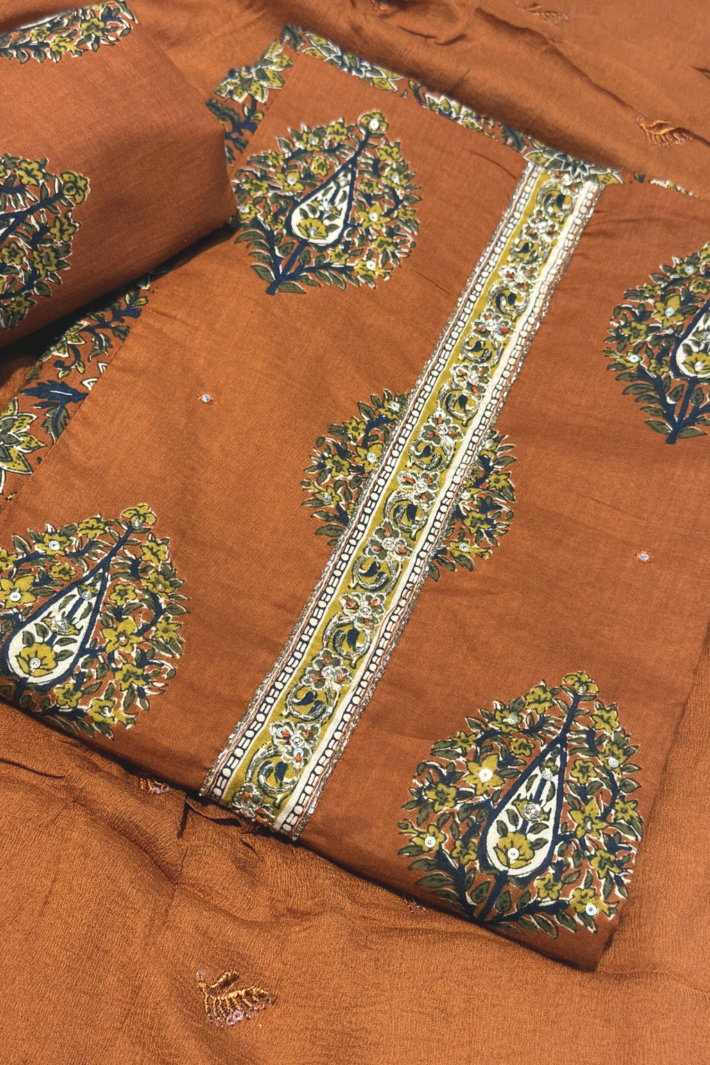 Cotton Fabric suit set With Handwork -Rust Color