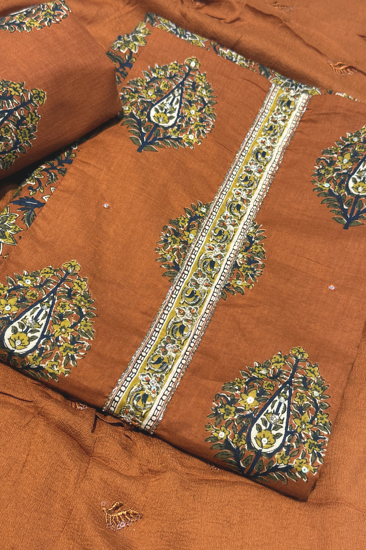 Cotton Fabric suit set With Handwork -Rust Color