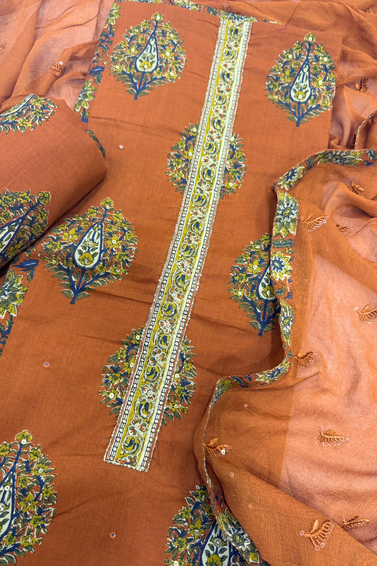 Cotton Fabric suit set With Handwork -Rust Color