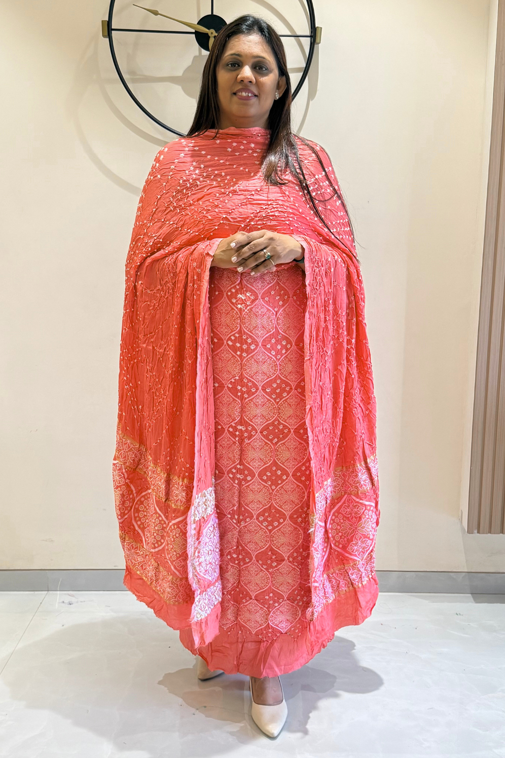 banarasi Upada weaving With bandhej - Peach Color