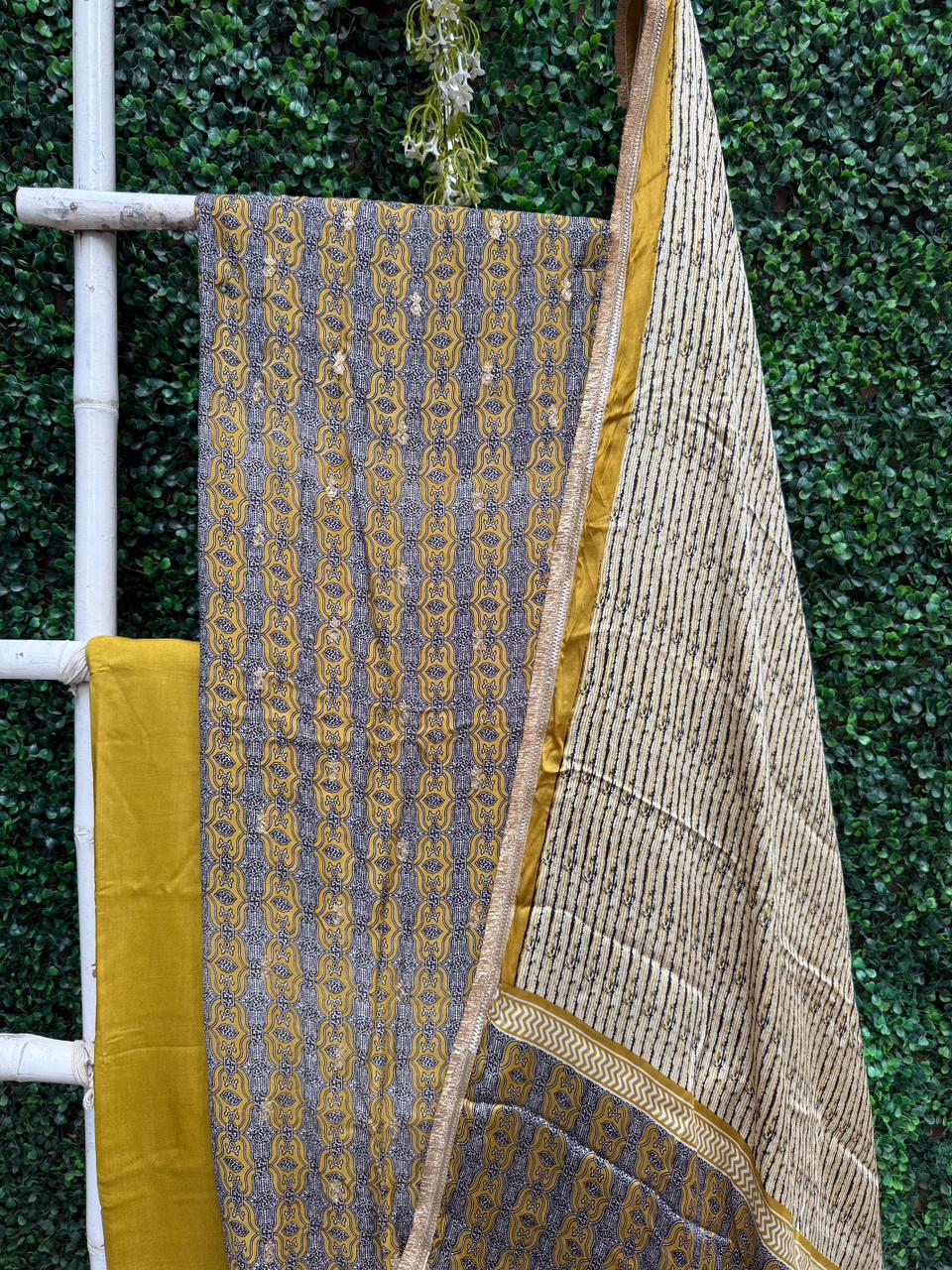 Yellow Modal Satin Ajrakh Suit Set