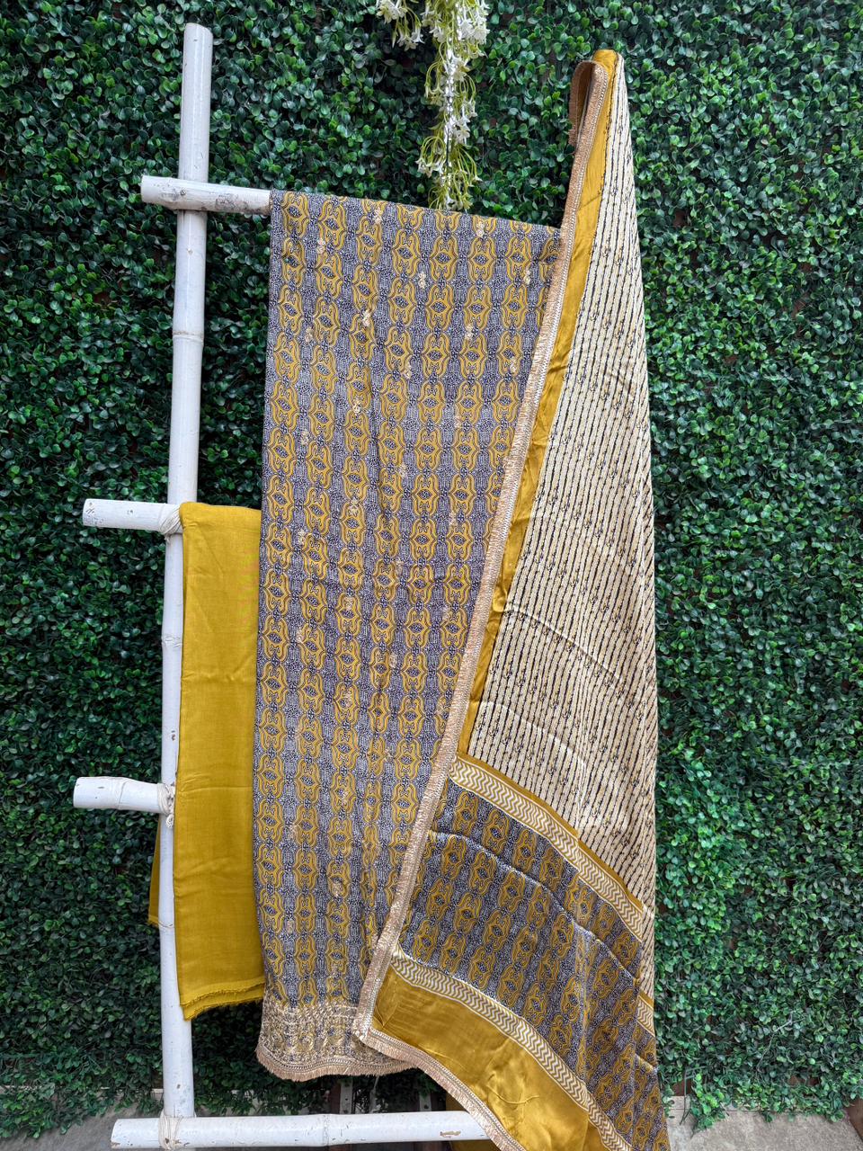 Yellow Modal Satin Ajrakh Suit Set