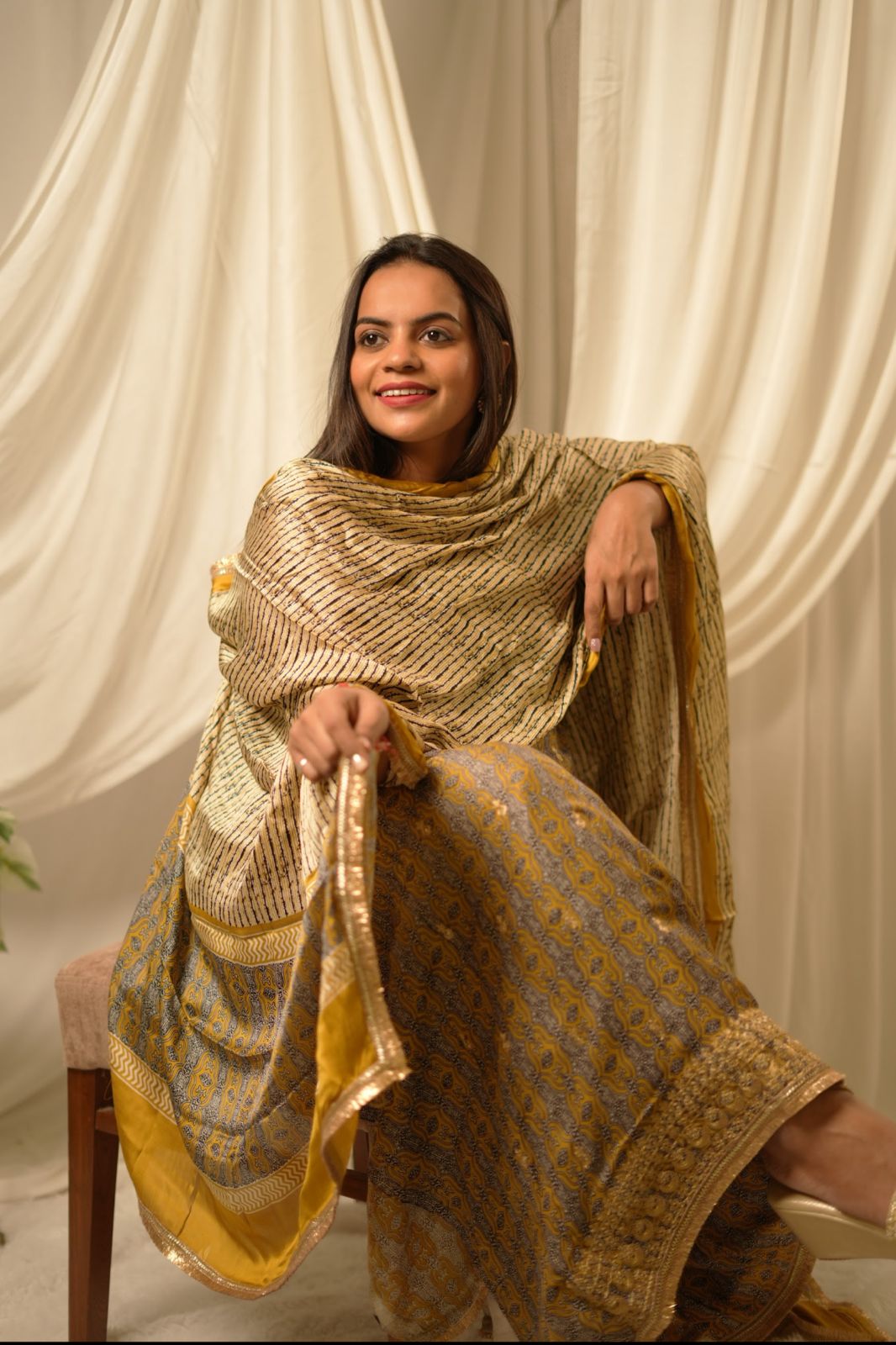 Yellow Modal Satin Ajrakh Suit Set