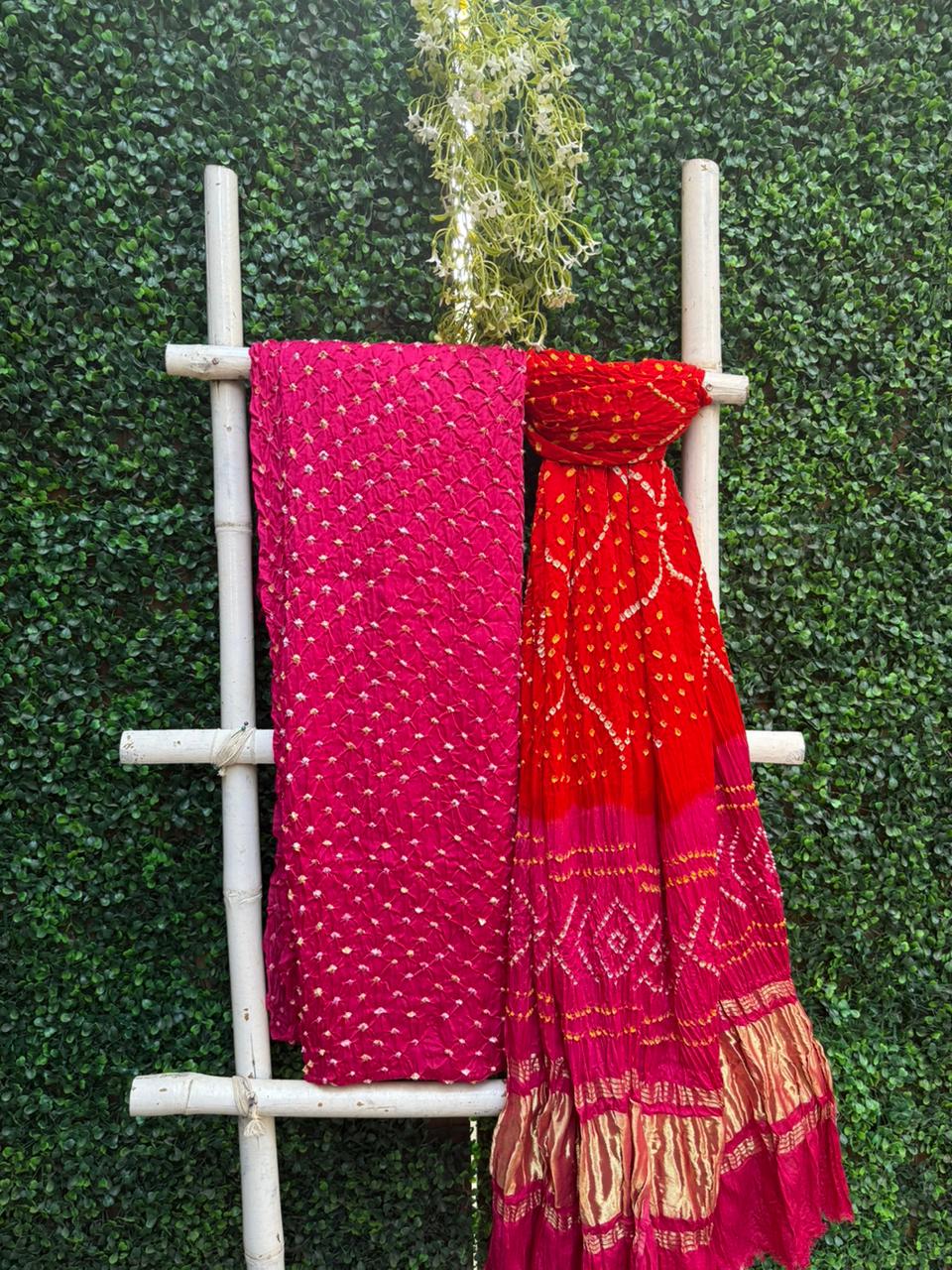 Pink & Orange Lagadi Patta  Bandhej Elegance