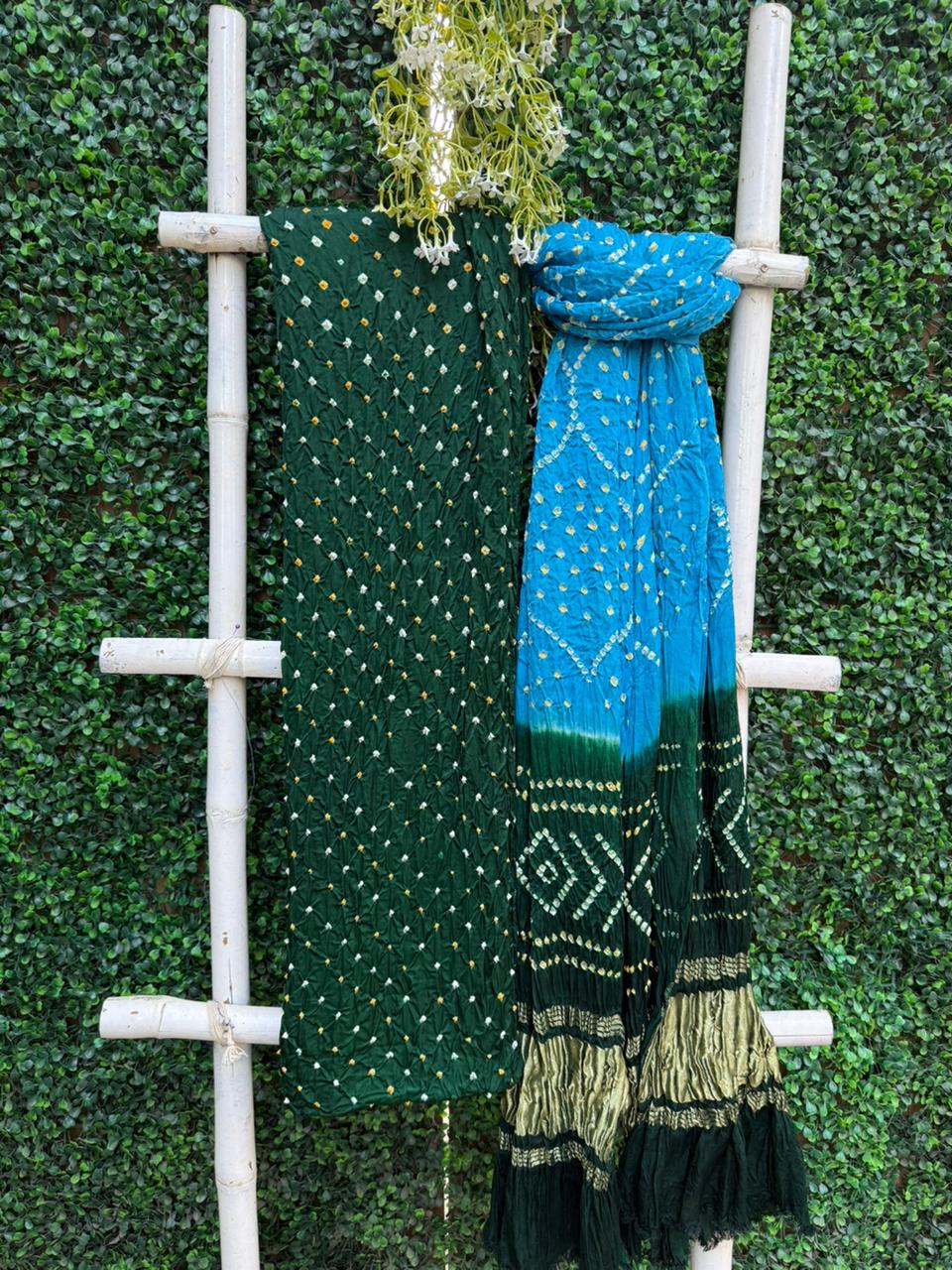 Dark Green & Blue Bandhej Lagadi Patta Elegance