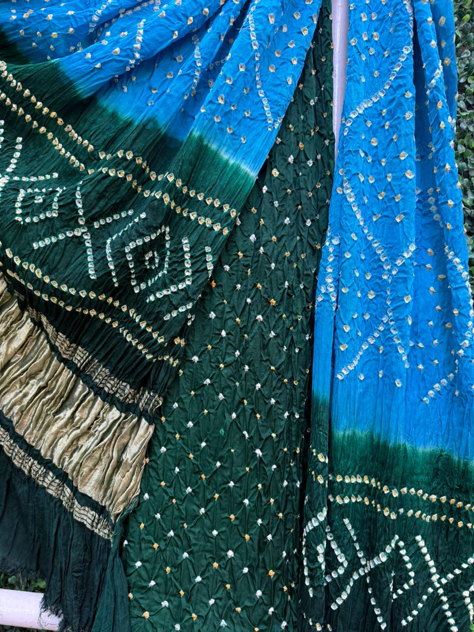 Dark Green & Blue Bandhej Lagadi Patta Elegance