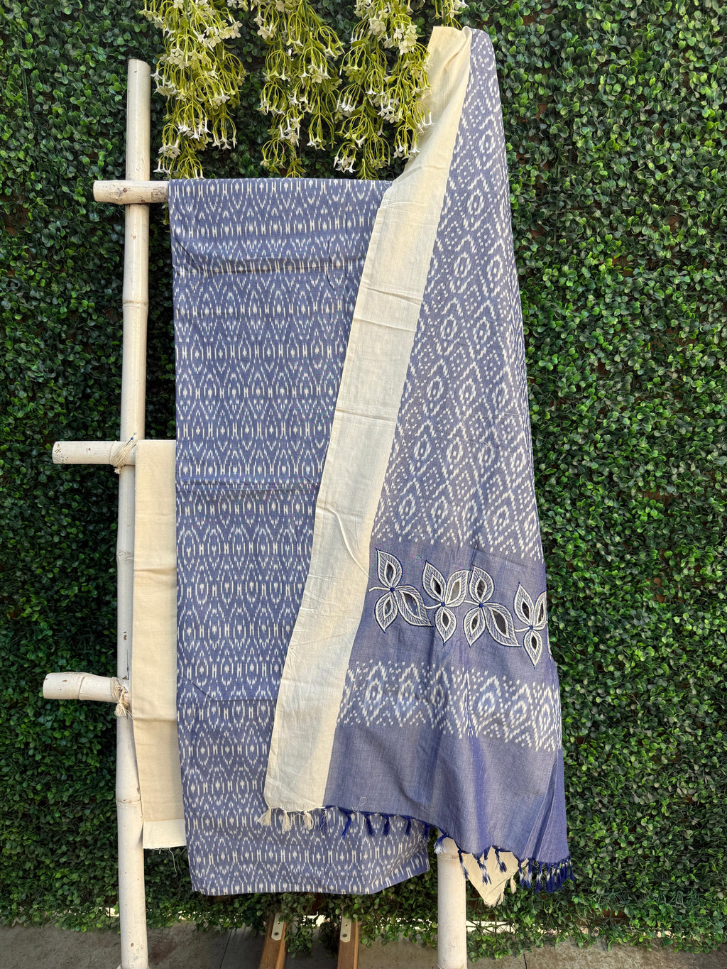 Blue & Grey Ikkat Cutwork 3 Pc Suit