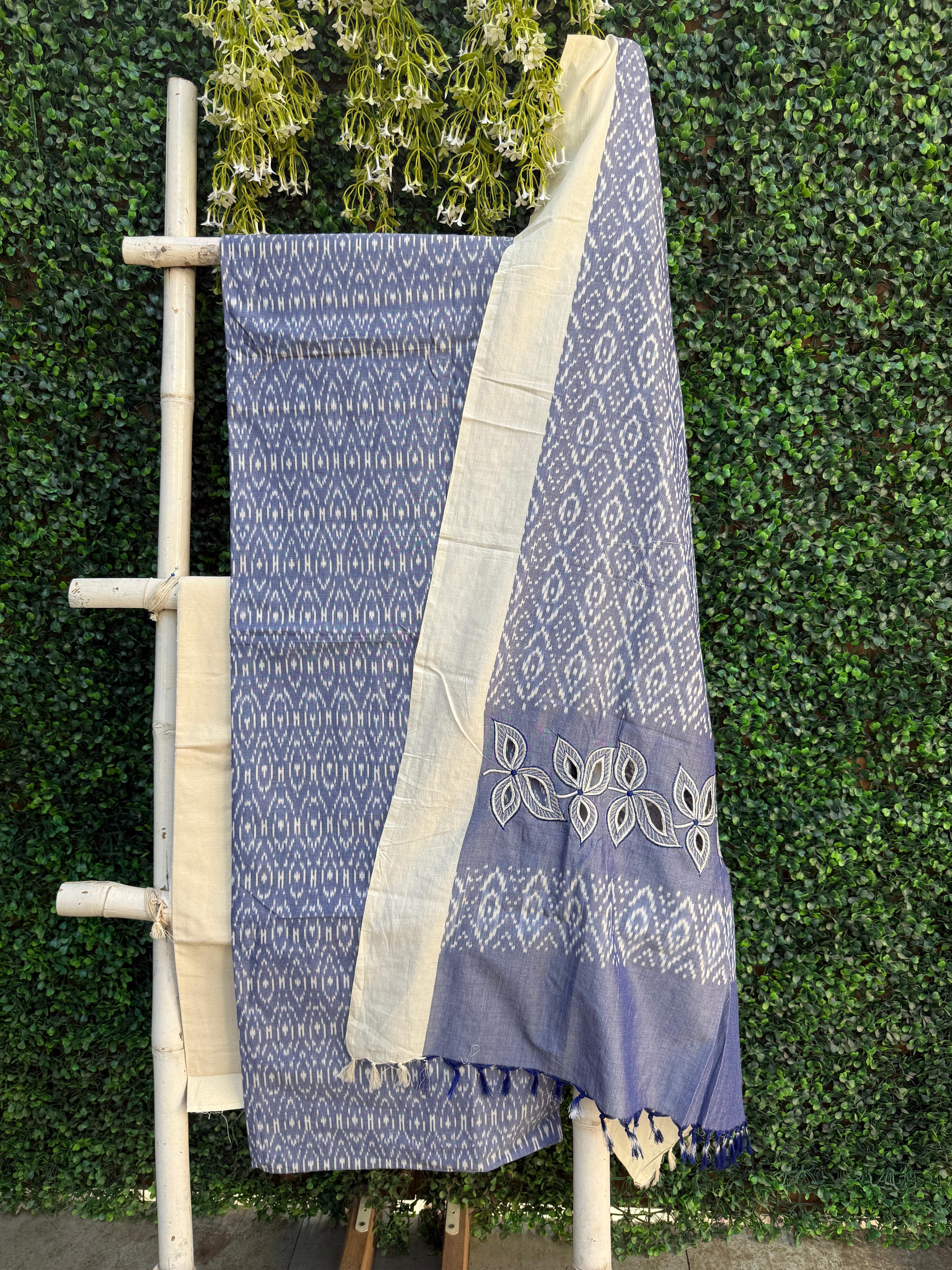 Blue & Grey Ikkat Cutwork 3 Pc Suit