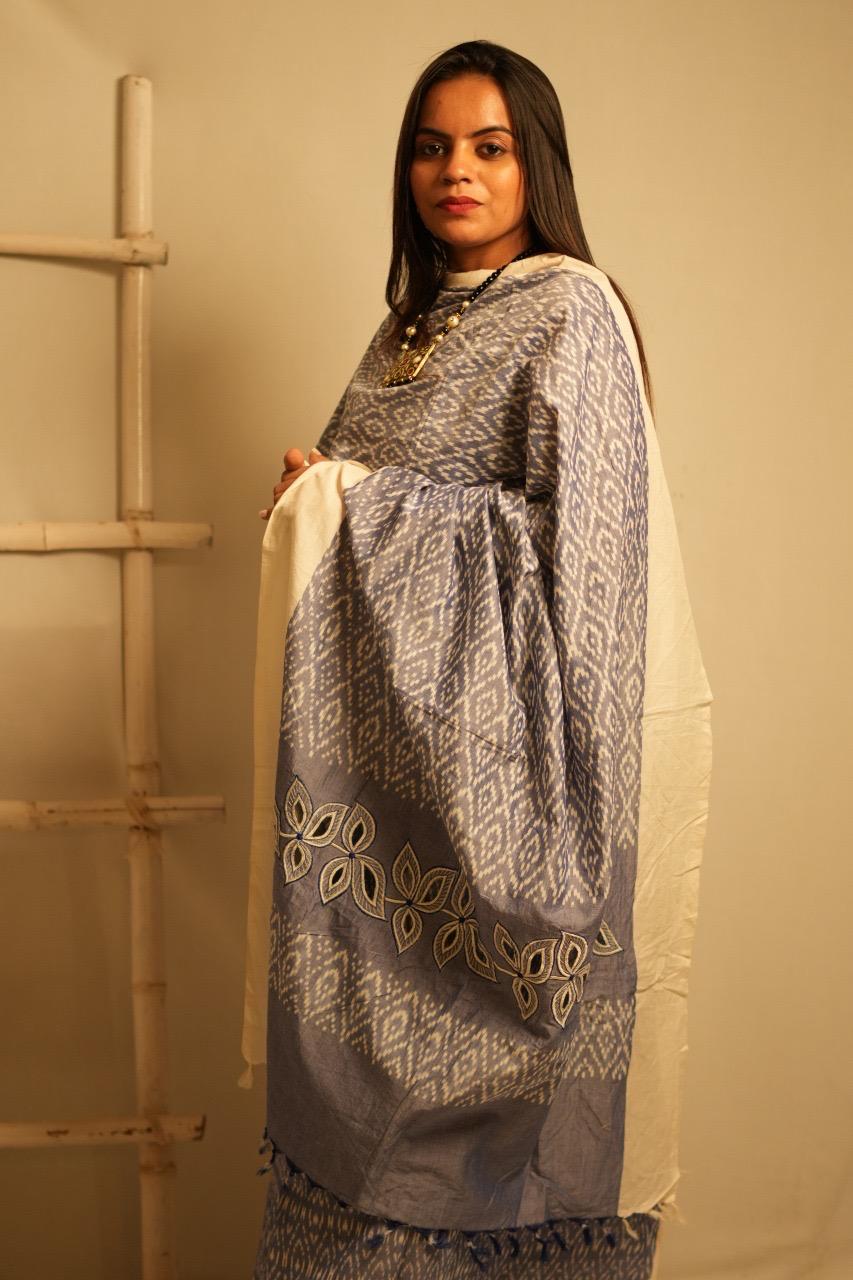 Blue & Grey Ikkat Cutwork 3 Pc Suit