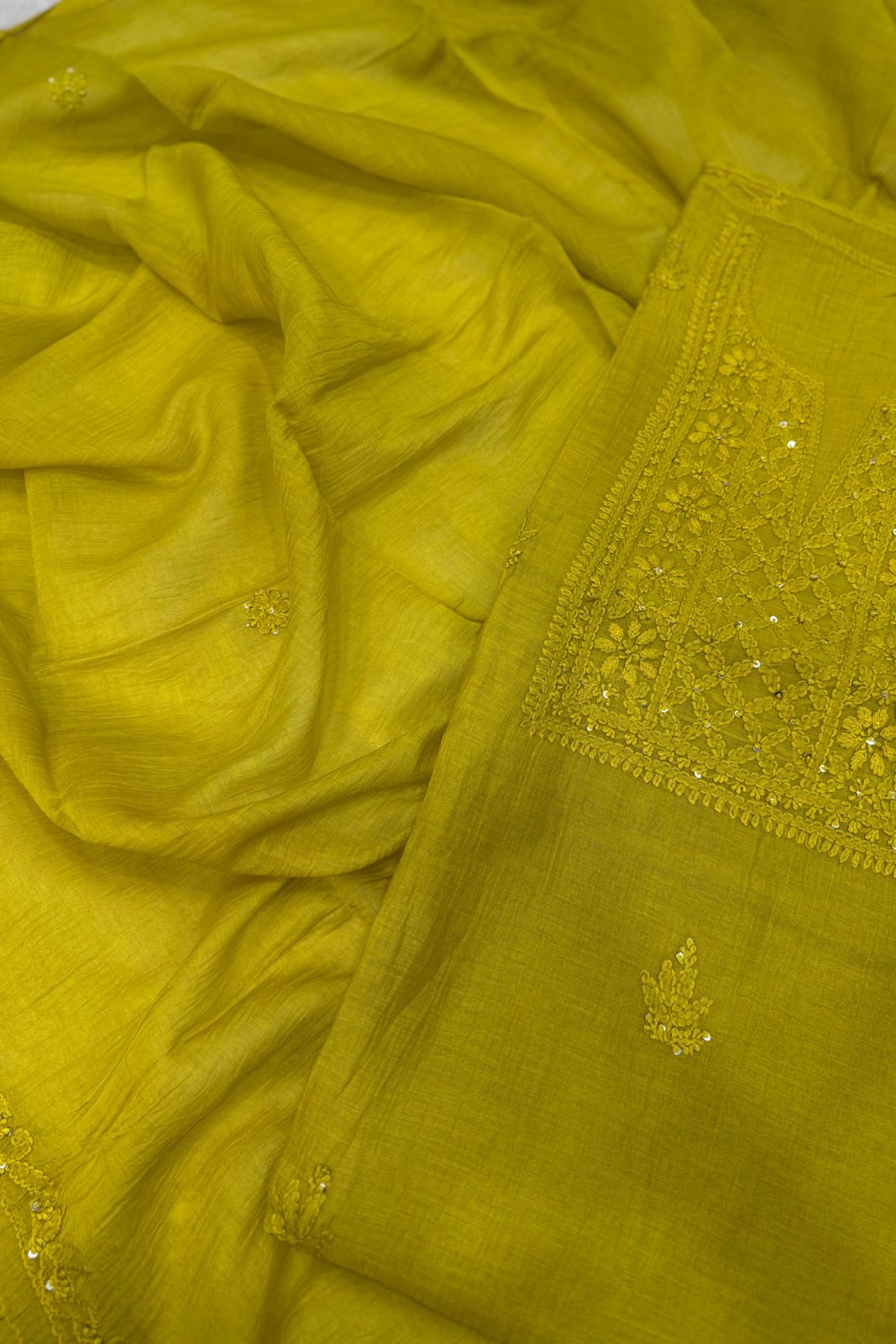 Lucknawi Pure Mul Chanderi 3-Piece Unstitched Kurta Set – Mustard yellow