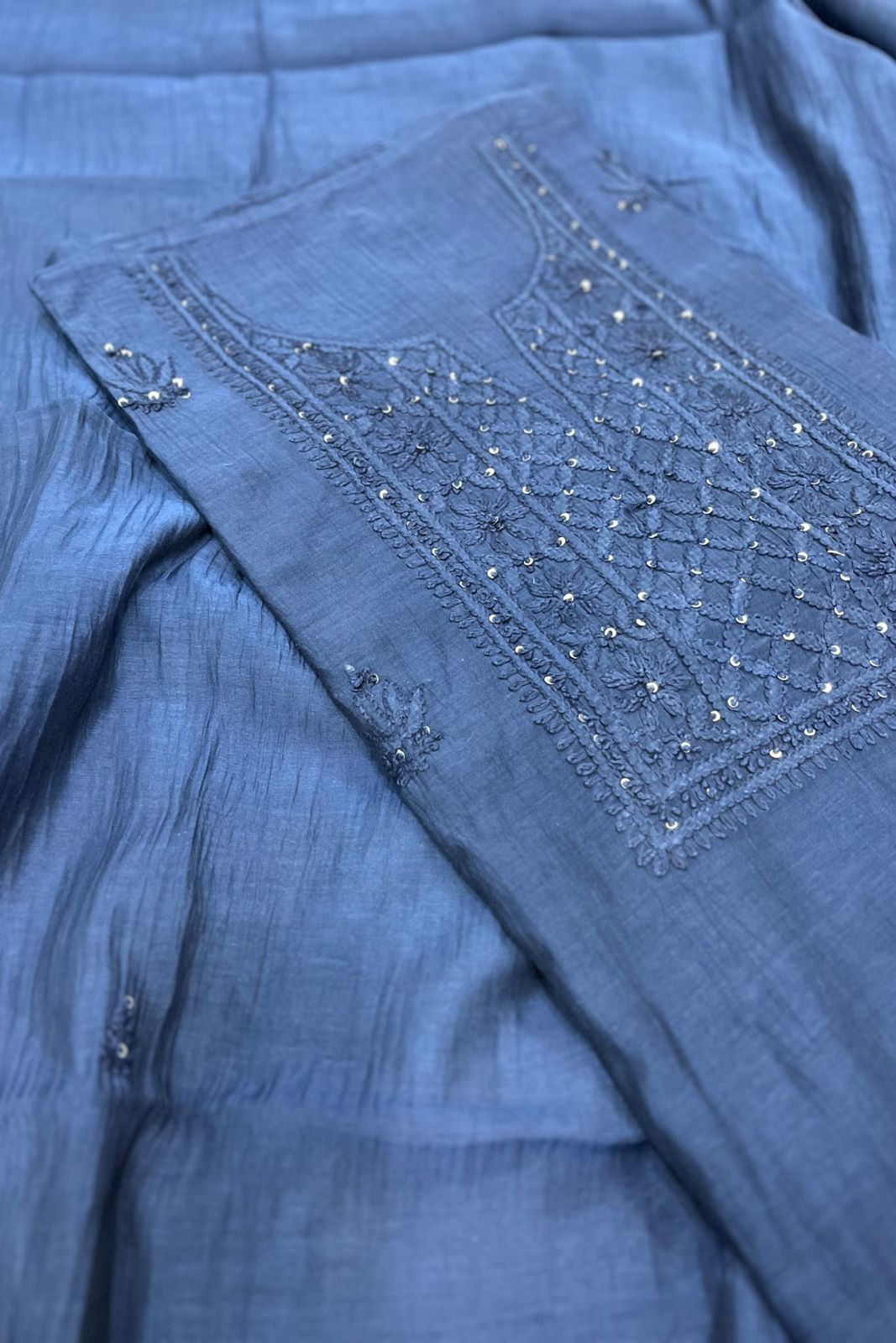 Lucknawi Pure Mul Chanderi 3-Piece Unstitched Kurta Set – Persian Blue