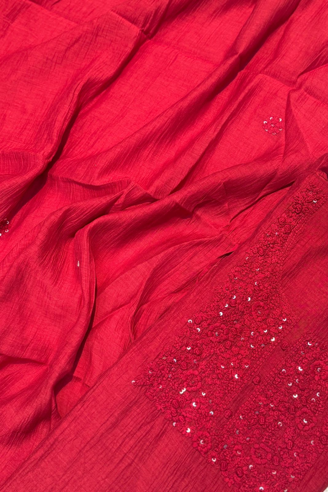 Lucknawi Pure Mul Chanderi 3-Piece Unstitched Kurta Set – Red