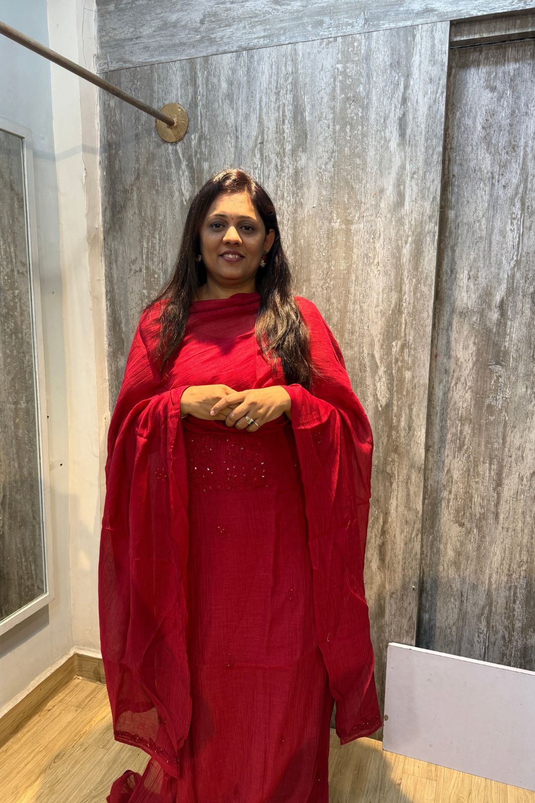 Lucknawi Pure Mul Chanderi 3-Piece Unstitched Kurta Set – Red