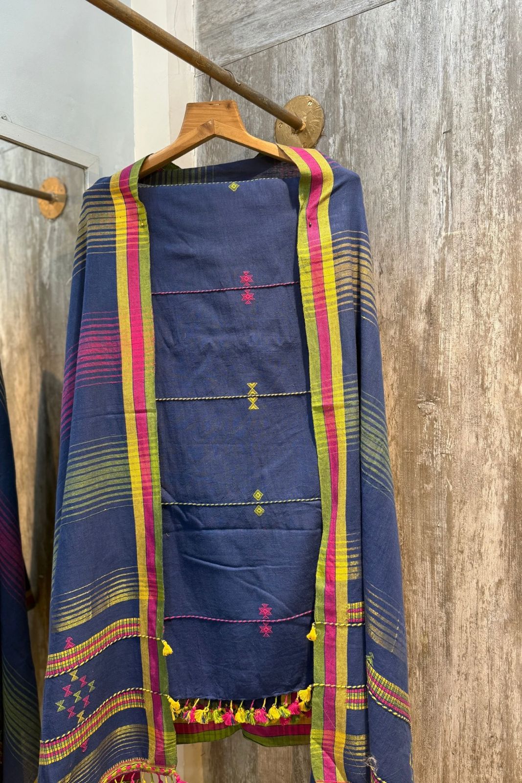 Blue-Striped Dupatta Bhujodi Kala Handwoven Cotton Set